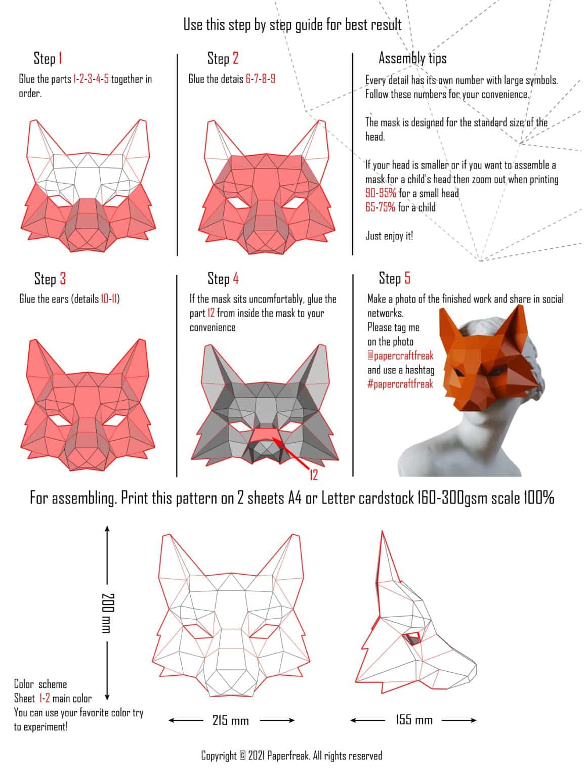 Papercraft fox mask in 3D origami