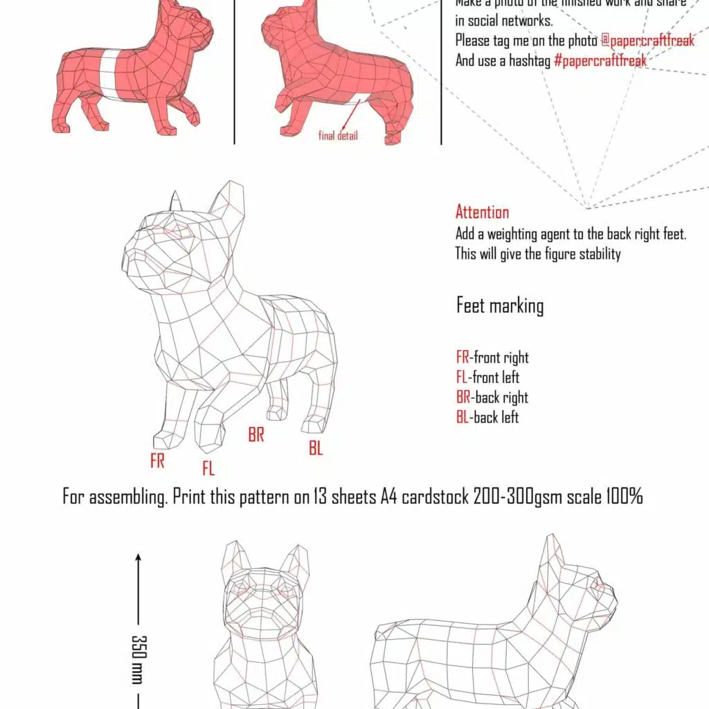 Papercraft french bulldog in 3D origami