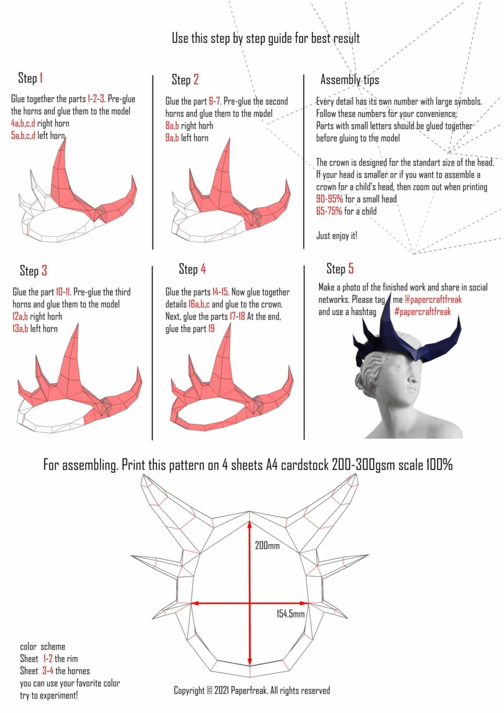 Papercraft de coroa chifrada em origami 3D
