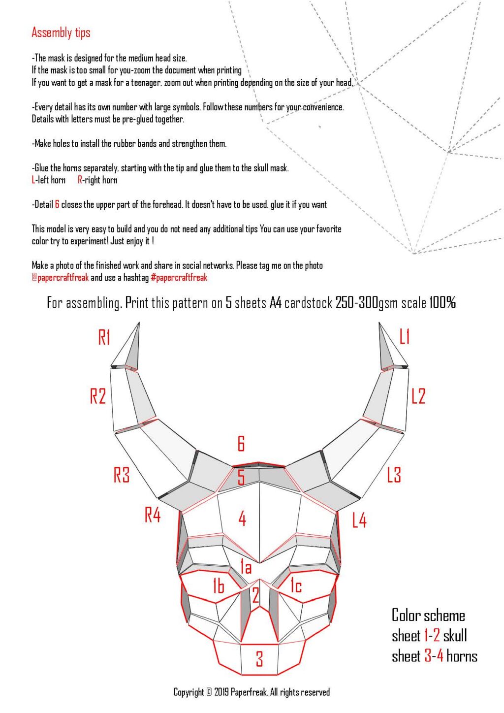 Papercraft de máscara de crânio com chifres em origami 3D