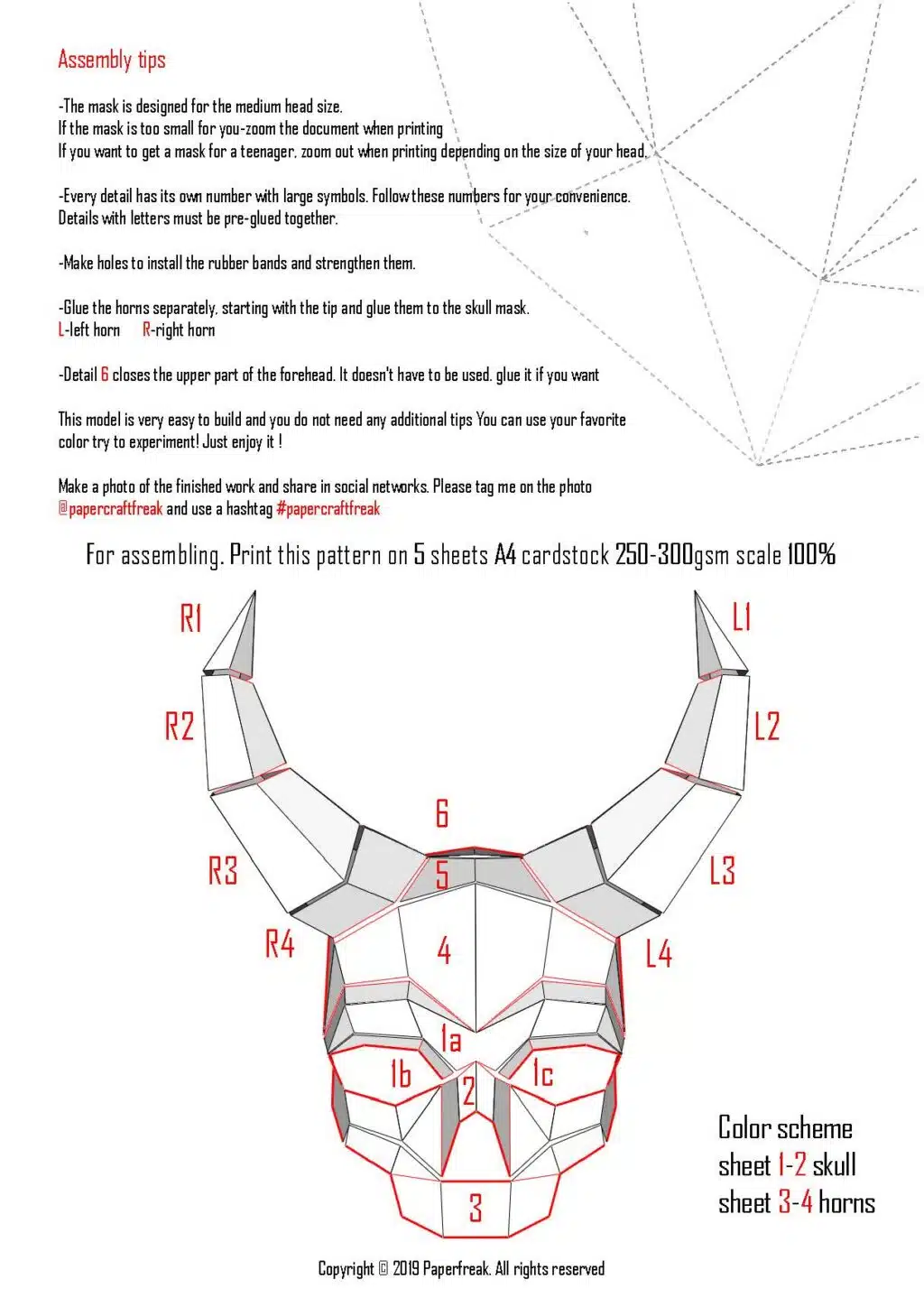 Papercraft maschera teschio cornuto in origami 3D