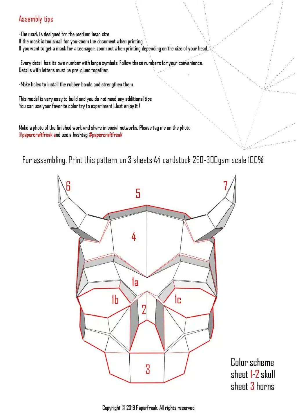 Schedelmasker met hoorns in 3D origami, weergave 2