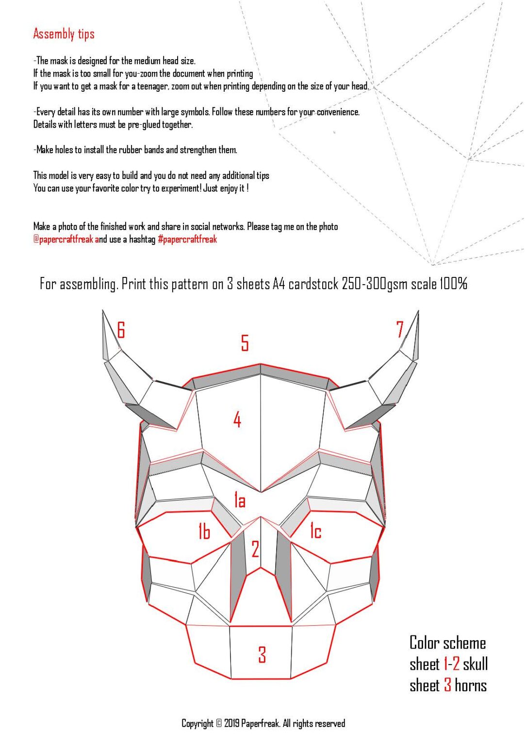 Papercraft di maschera teschio cornuto in origami 3D