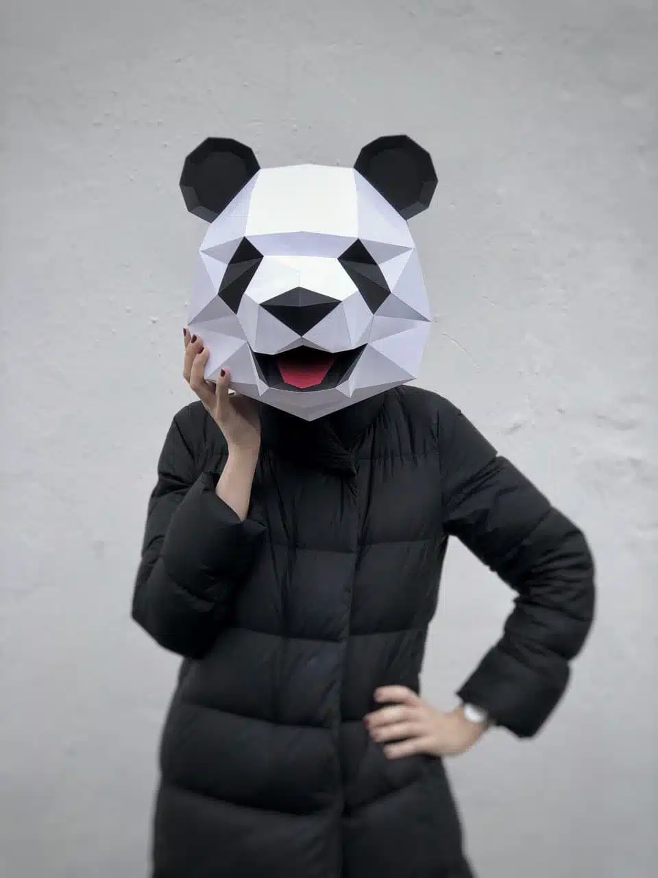 Papercraft cabeça de panda de parede com boca aberta em origami 3D