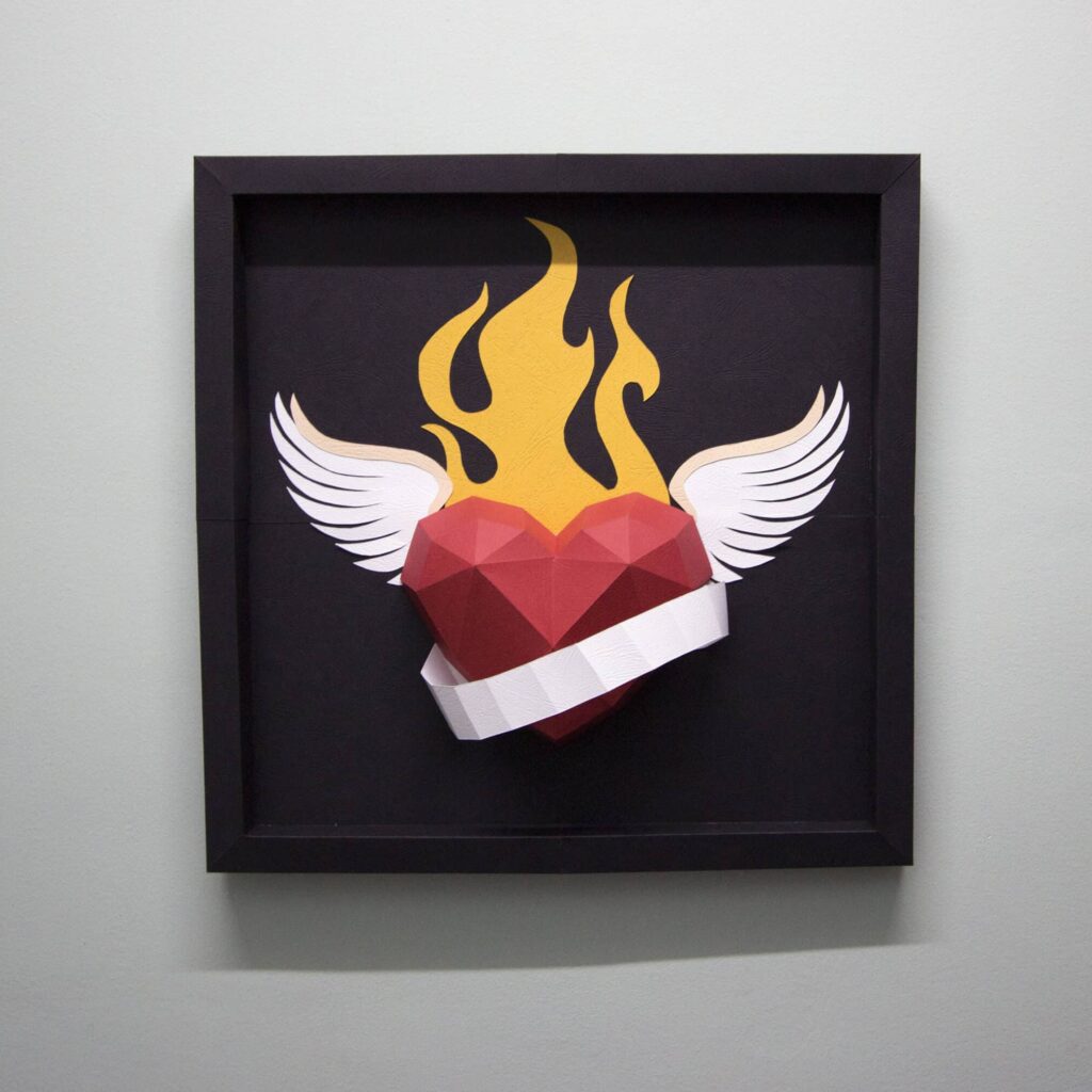 Papercraft tattooed heart frame in 3D origami