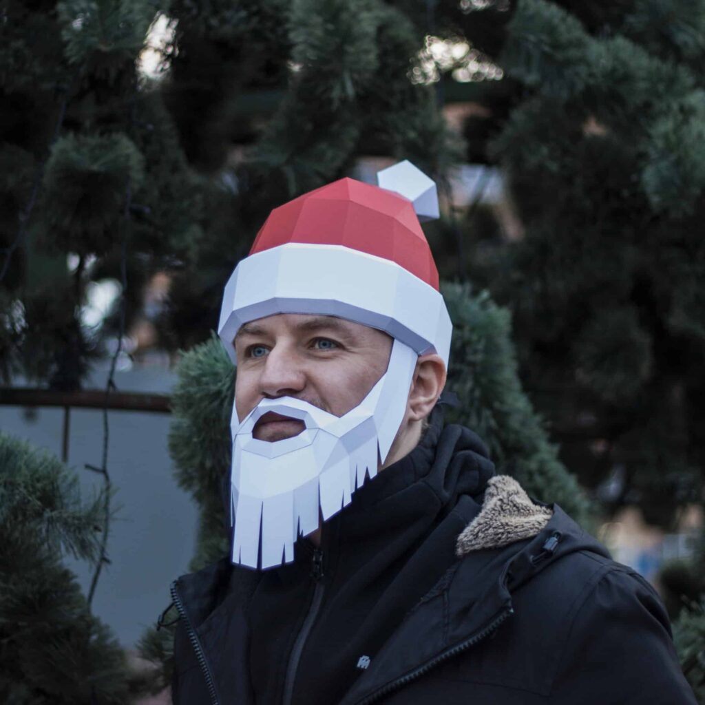 Papercraft santa hat with beard in 3D origami