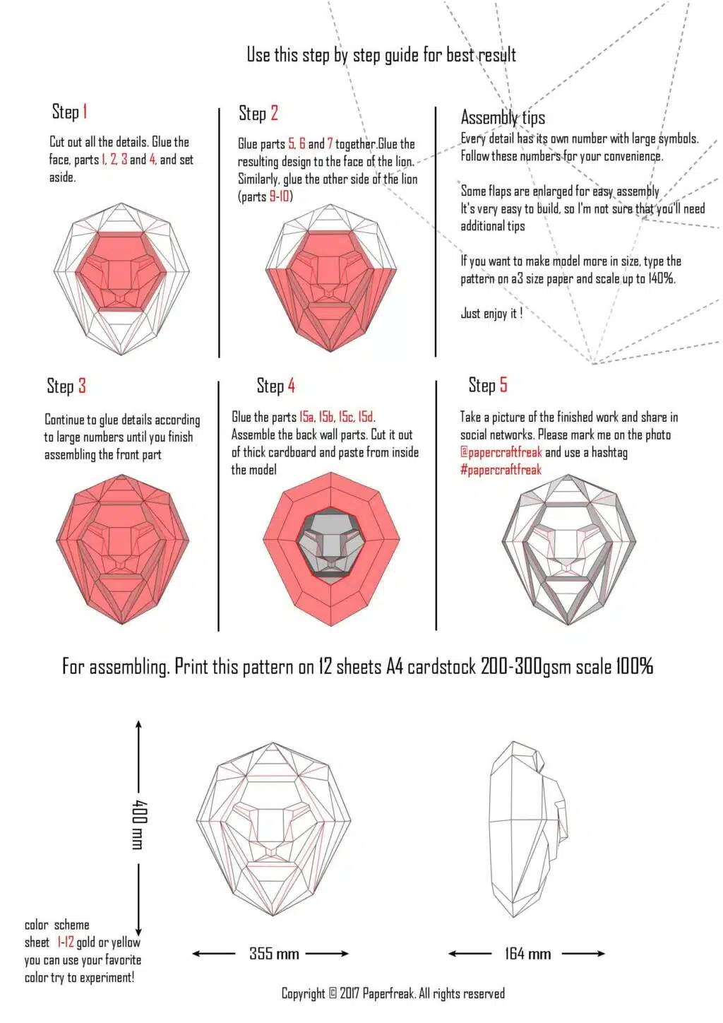 Papercraft testa di leone frontale in origami 3D