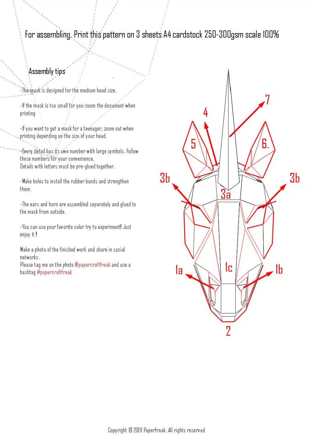 Papercraft masque de licorne blanc en origami 3D