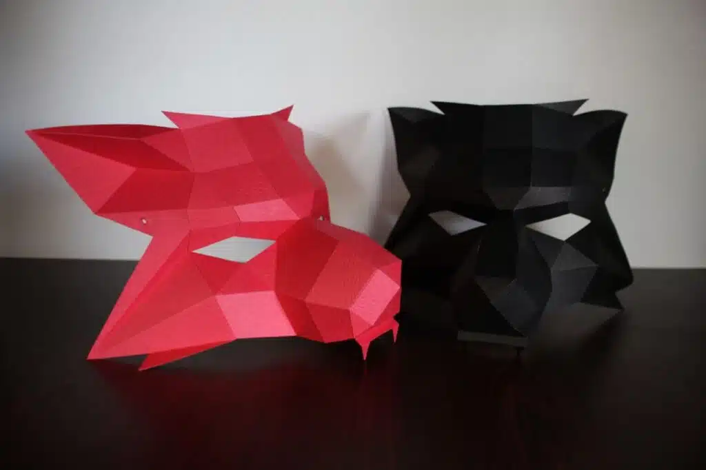 Wolfsmasker in 3D-origami, weergave 3