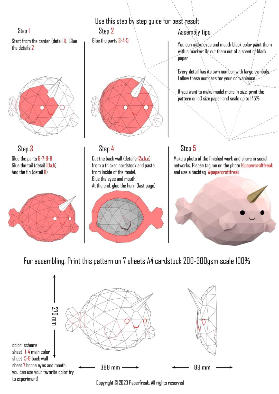 Papercraft de poisson narval en origami 3D