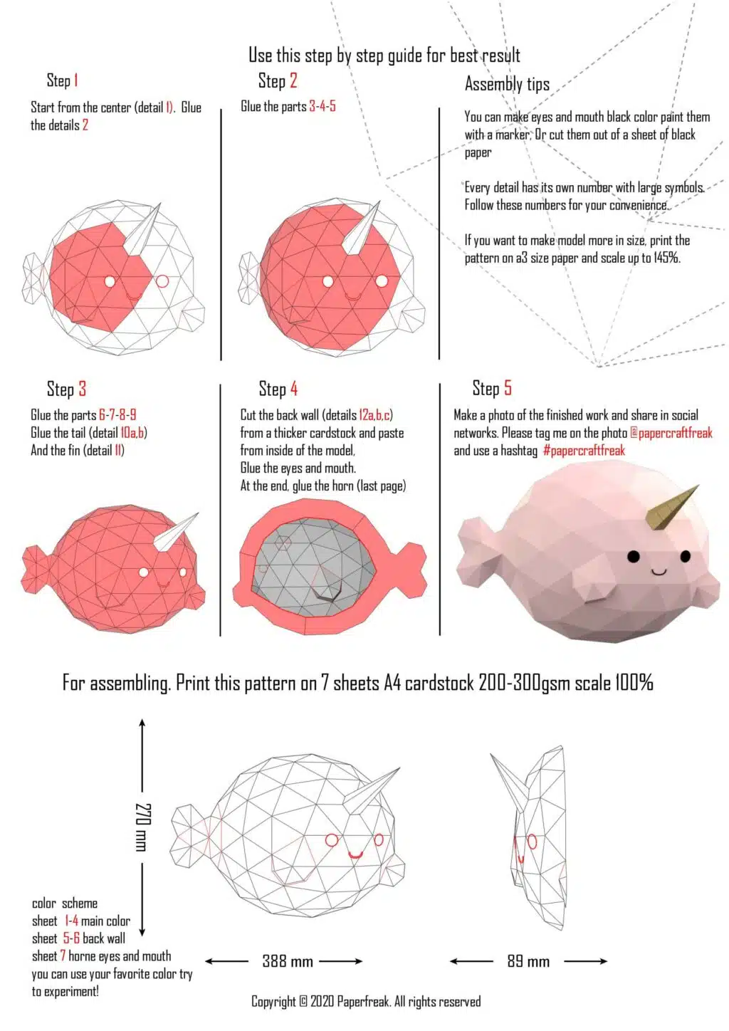 Papercraft Narwal Fisch als 3D-Origami, 3D-Modell