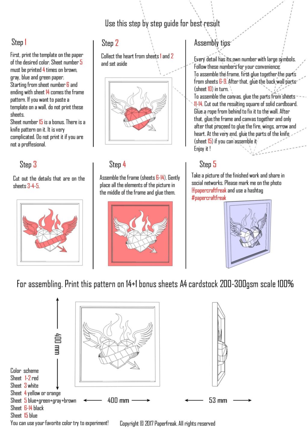 Papercraft de coeur tatoué en cadre en origami 3D