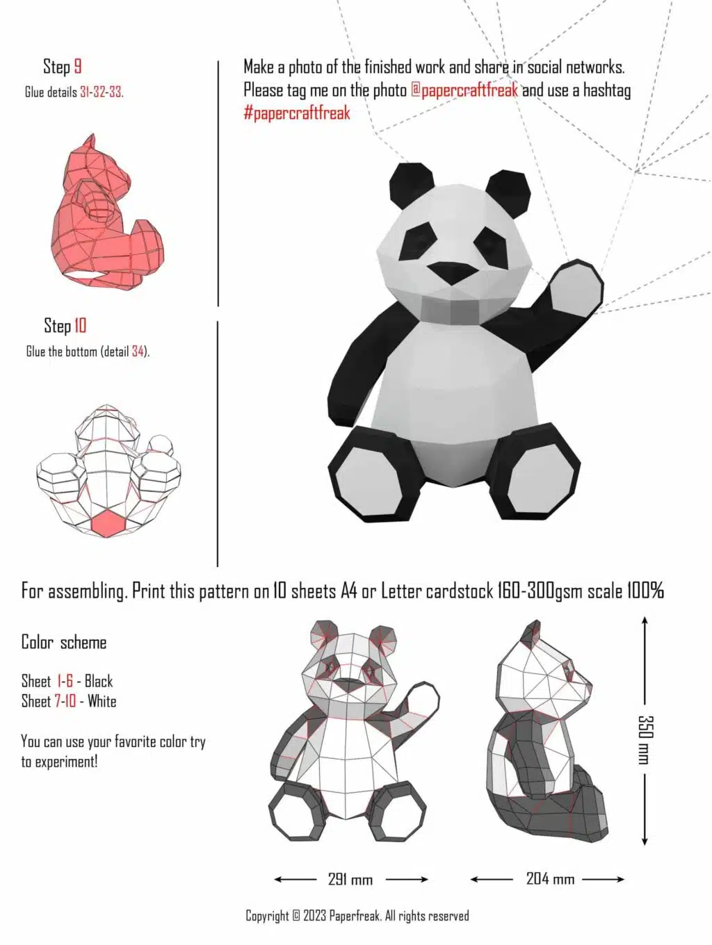 Knuffelige panda papercraft in 3D-origami, weergave 3