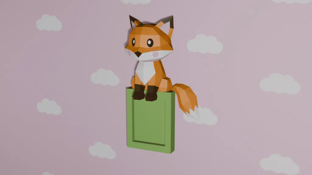 Zittende vos in papercraft 3D op plank, weergave 2