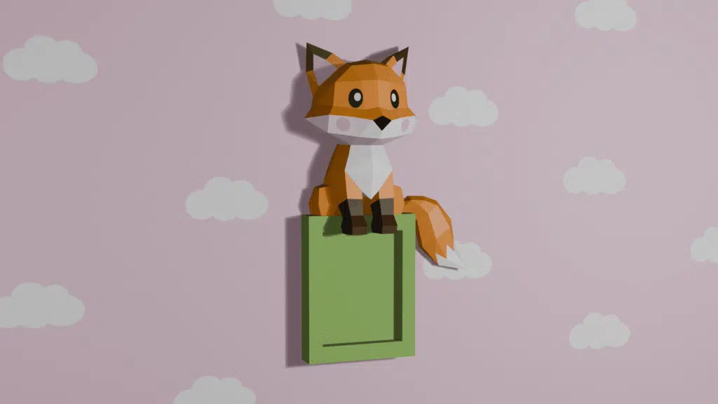 Zittende vos in papercraft 3D op plank, weergave 3