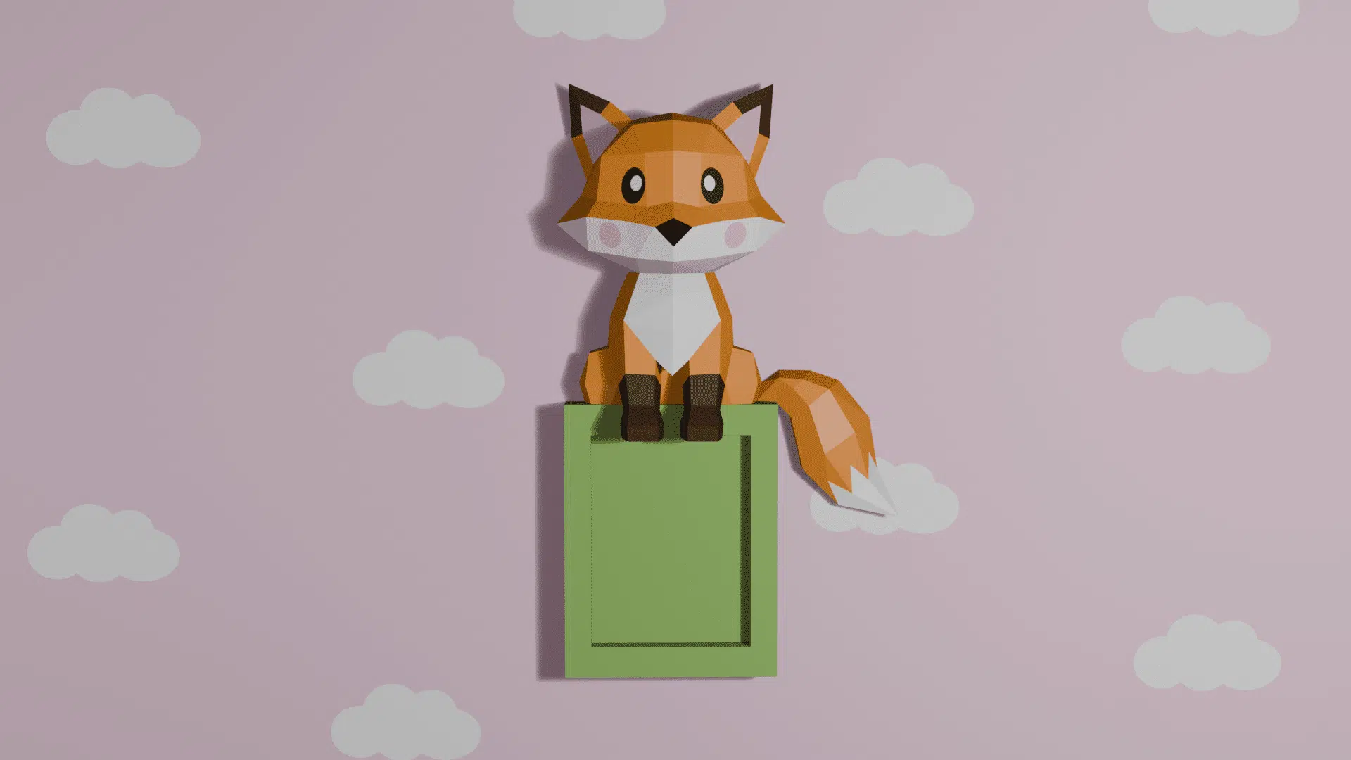 Zittende vos in papercraft 3D op plank, weergave 4