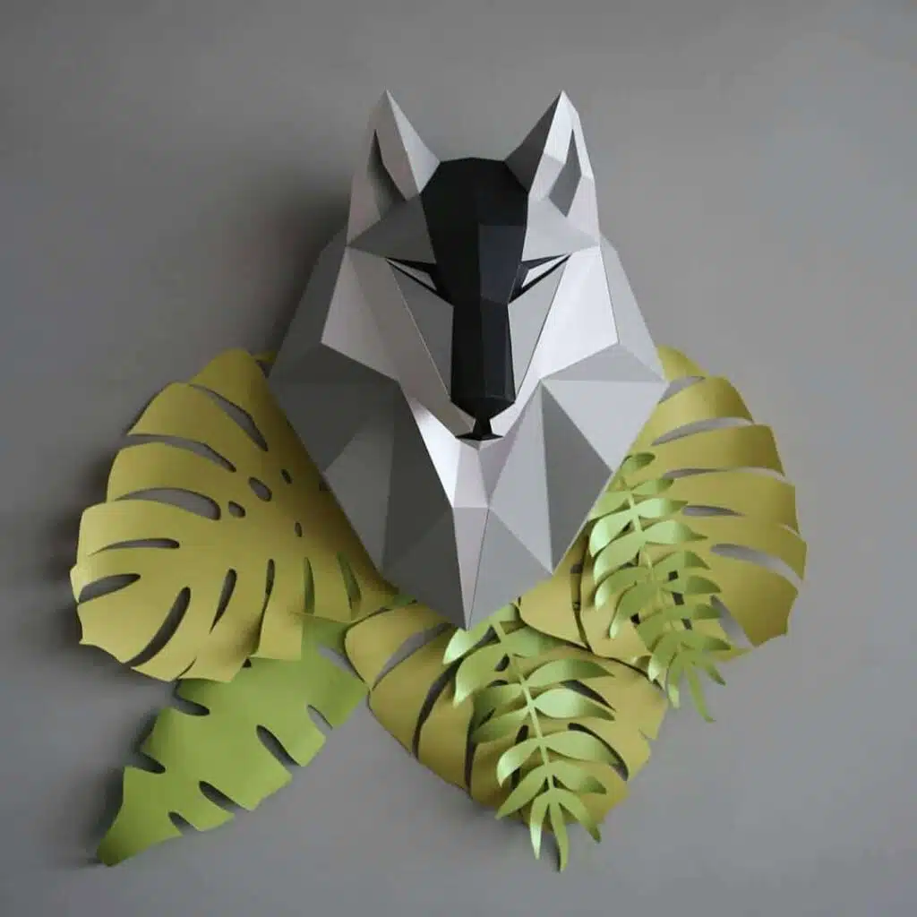 Papercraft tête de loup grise en origami 3D