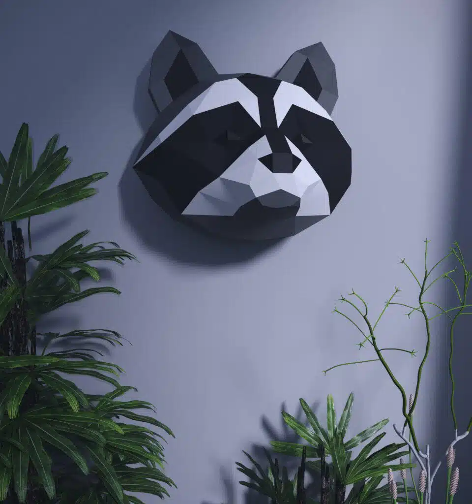 Papercraft schwarzer Waschbärenkopf als 3D-Origami