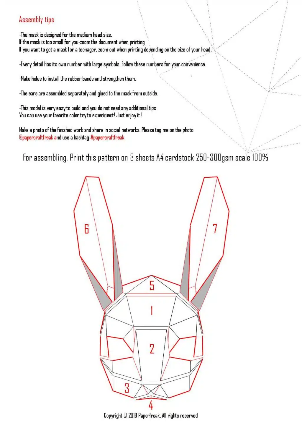 Masker konijn 3D origami, weergave 3