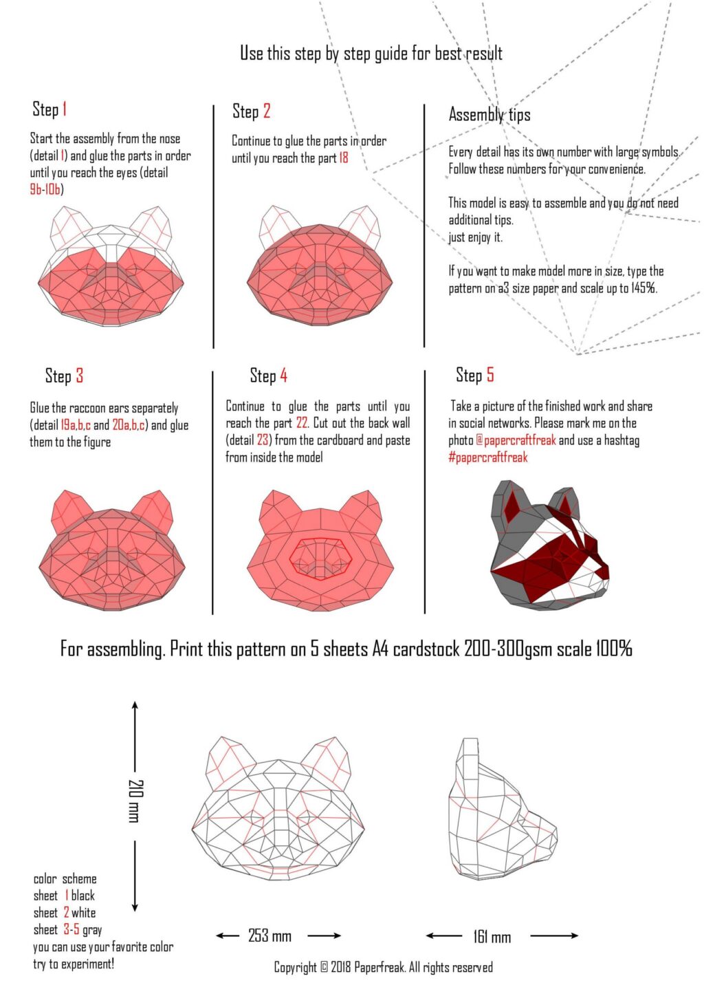 Papercraft Waschbärenkopf als 3D-Origami