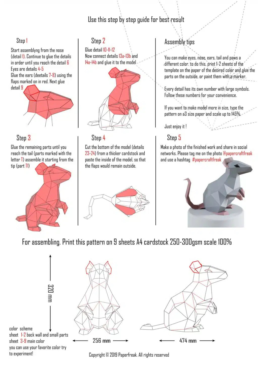 Rat papercraft 3D origami, weergave 3