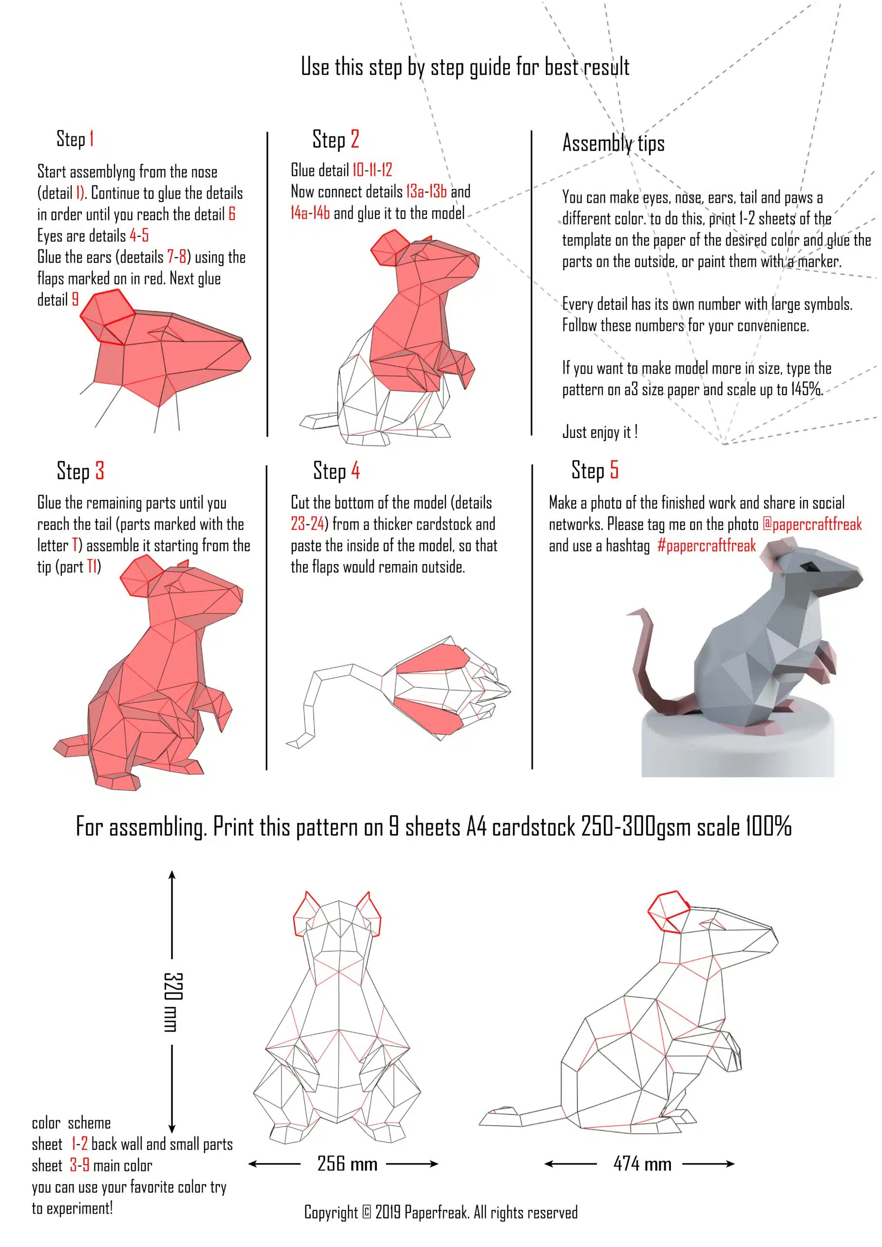 Rat papercraft 3D origami, weergave 3