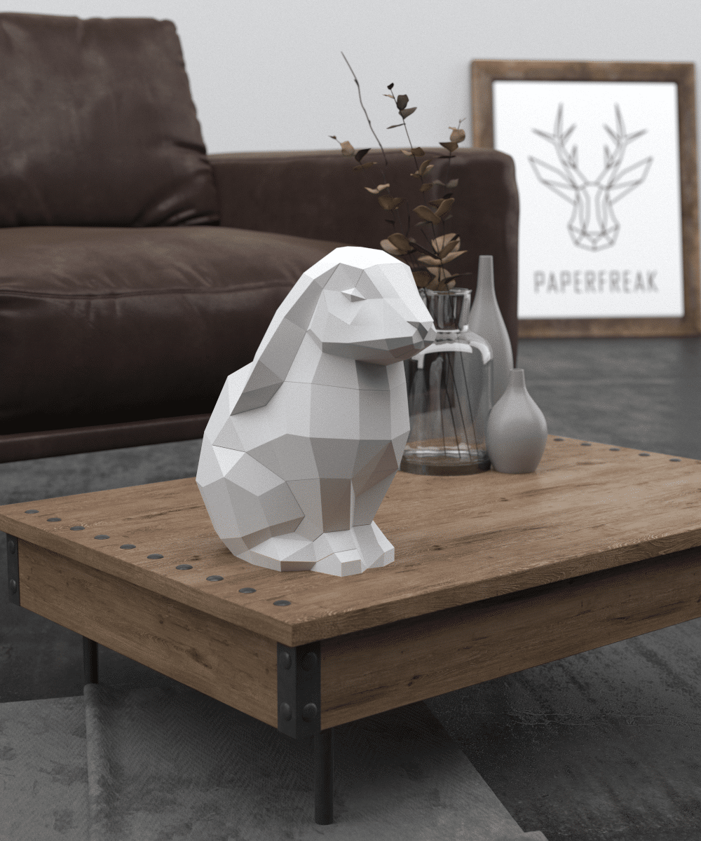 Papercraft of a sitting rabbit in 3D origami
