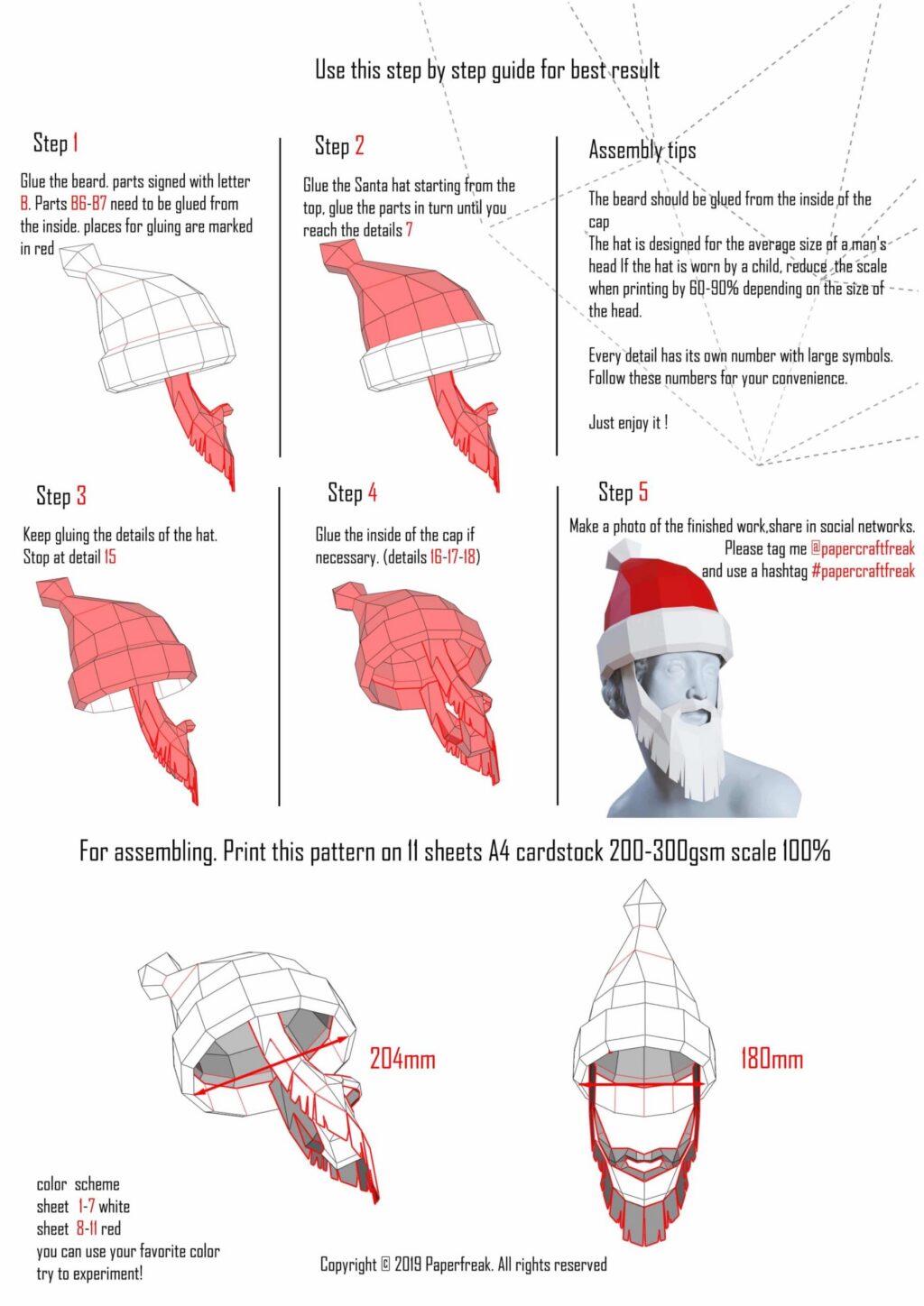 Papercraft de chapeau du Père Noël avec barbe en origami 3D