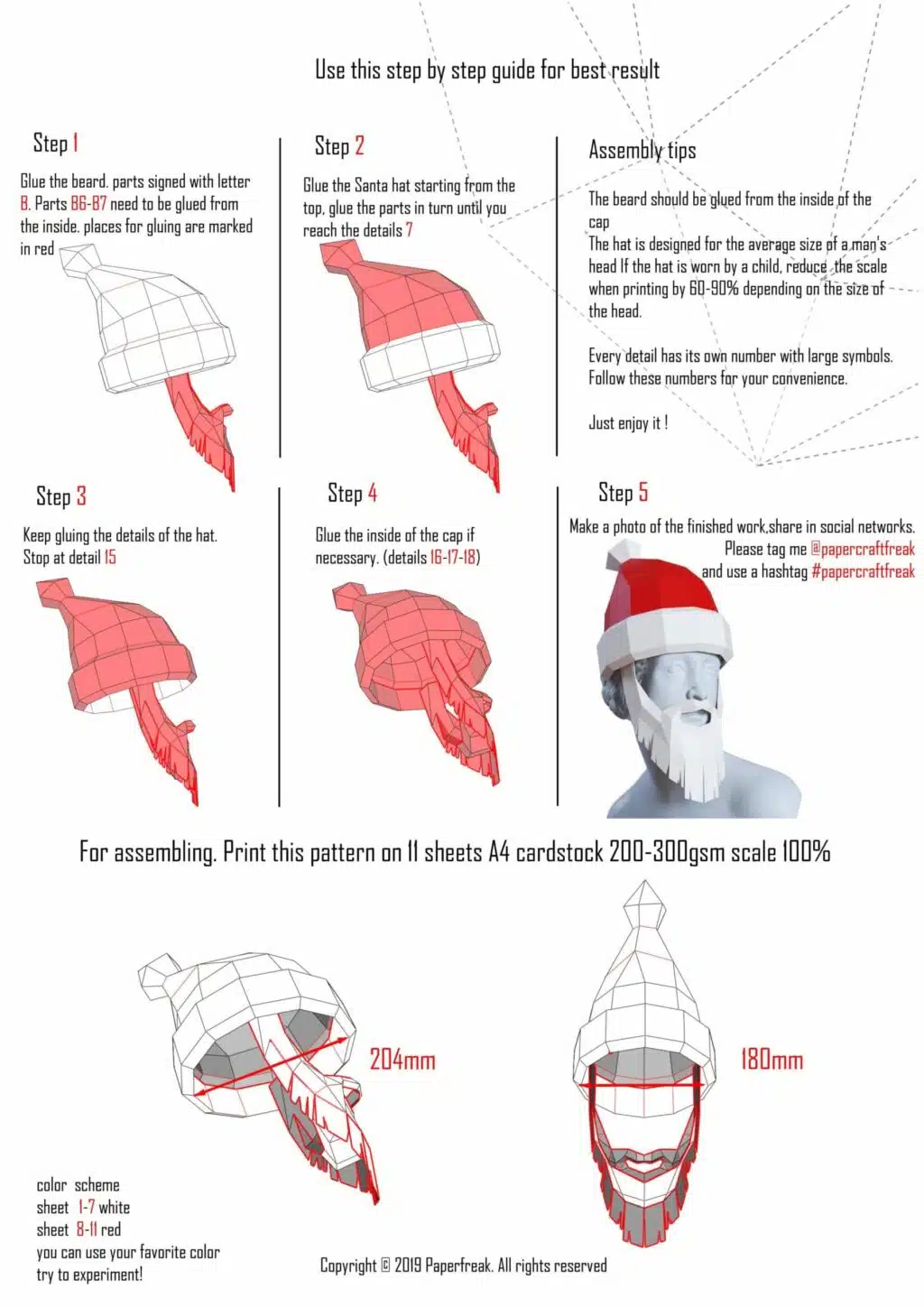 3D-origami kerstmuts met baard van de Kerstman, weergave 3