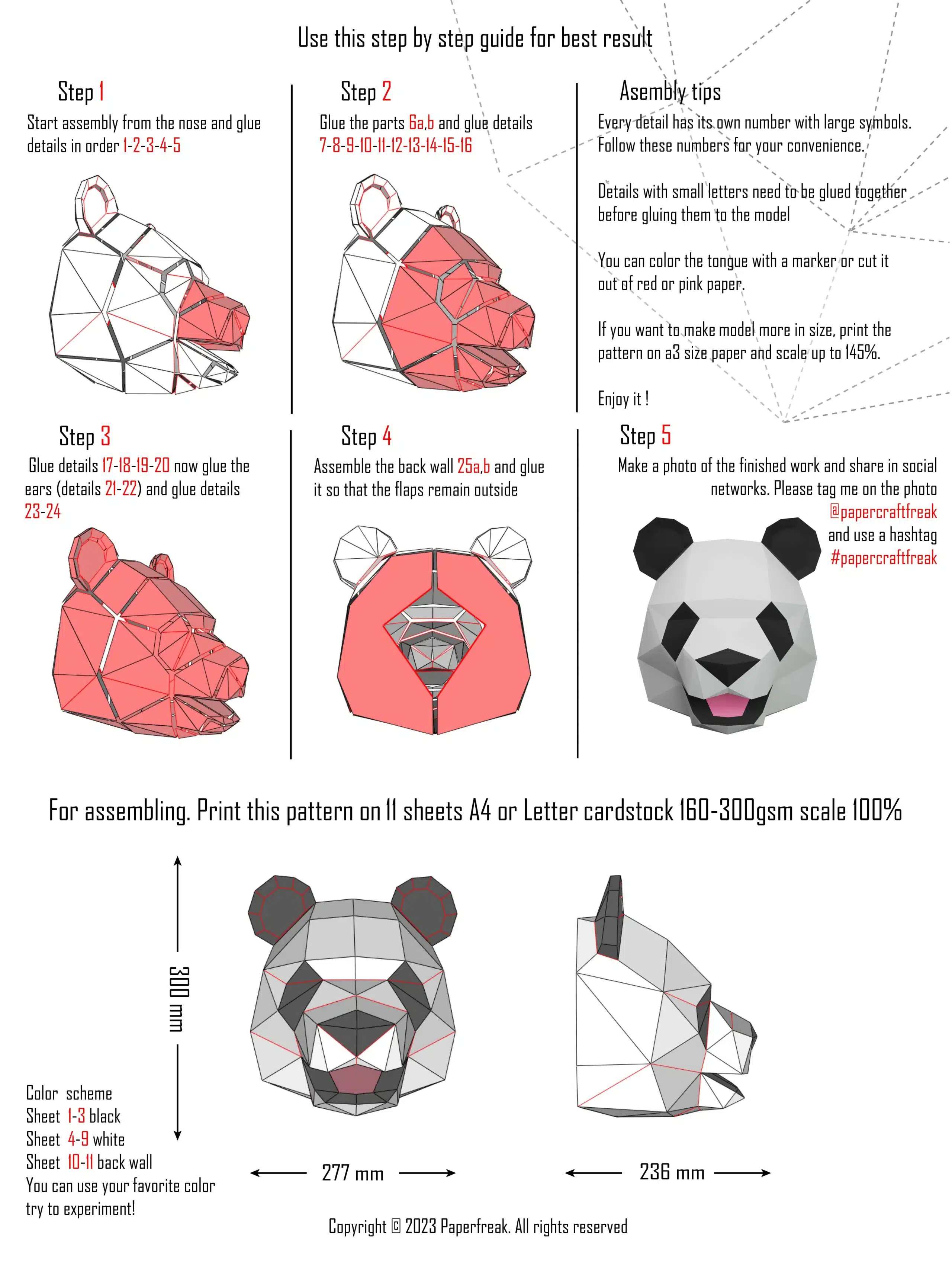 Papercraft cabeça de panda em origami 3D, vista traseira