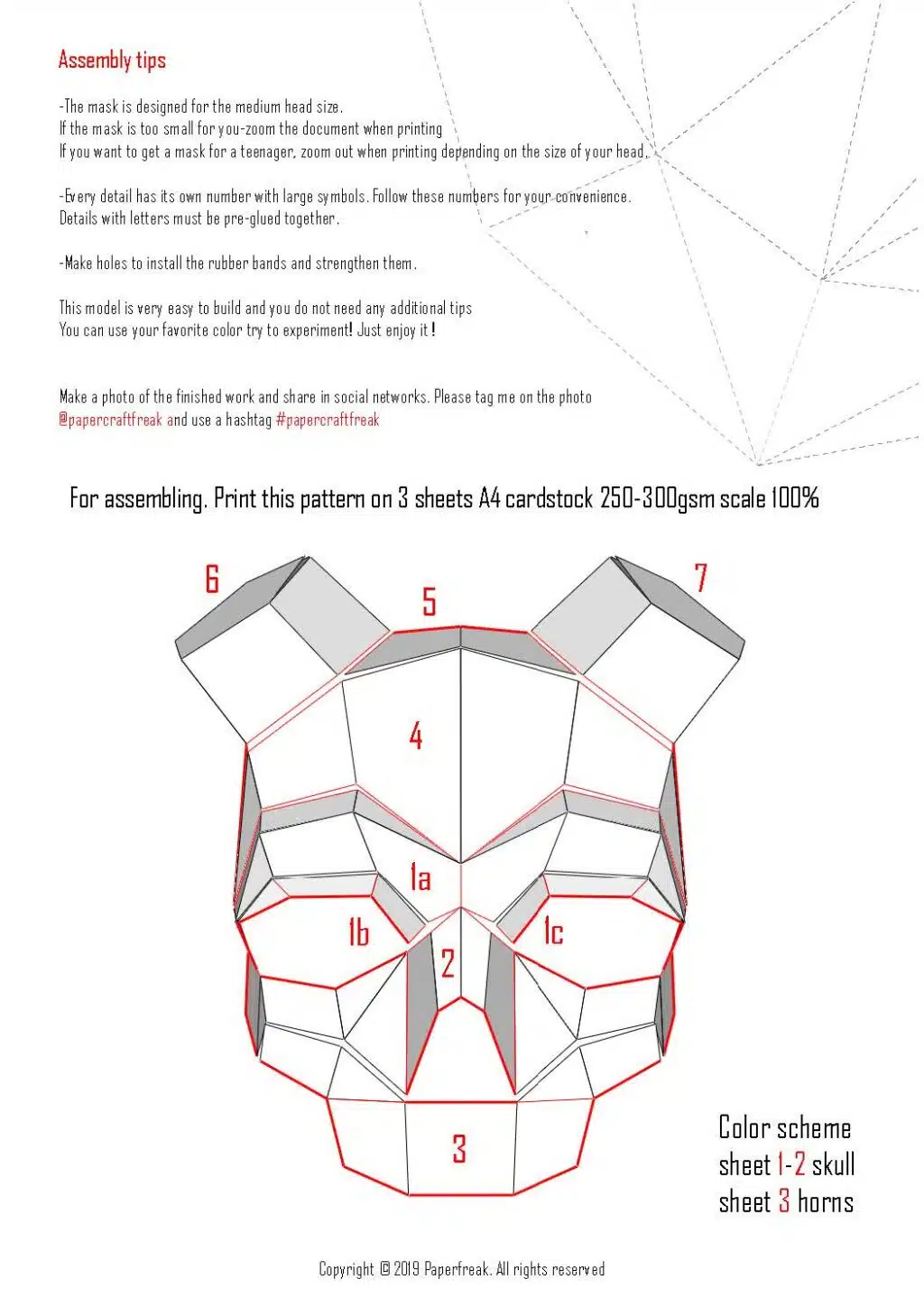 Horenschedel masker origami 3D in rood, weergave 3