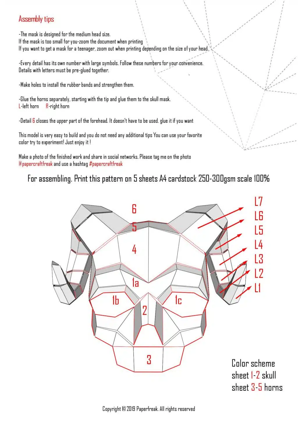 Schedelmasker met hoorns 3D papercraft origami, weergave 3