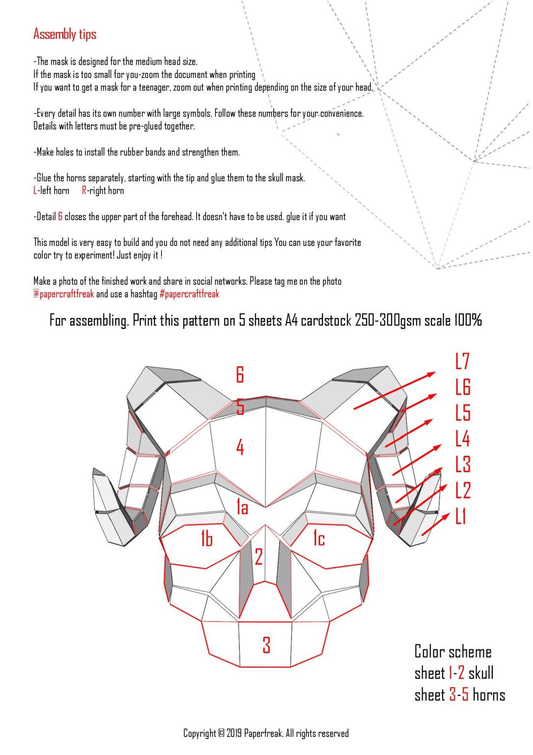 Papercraft horned skull mask in 3D origami