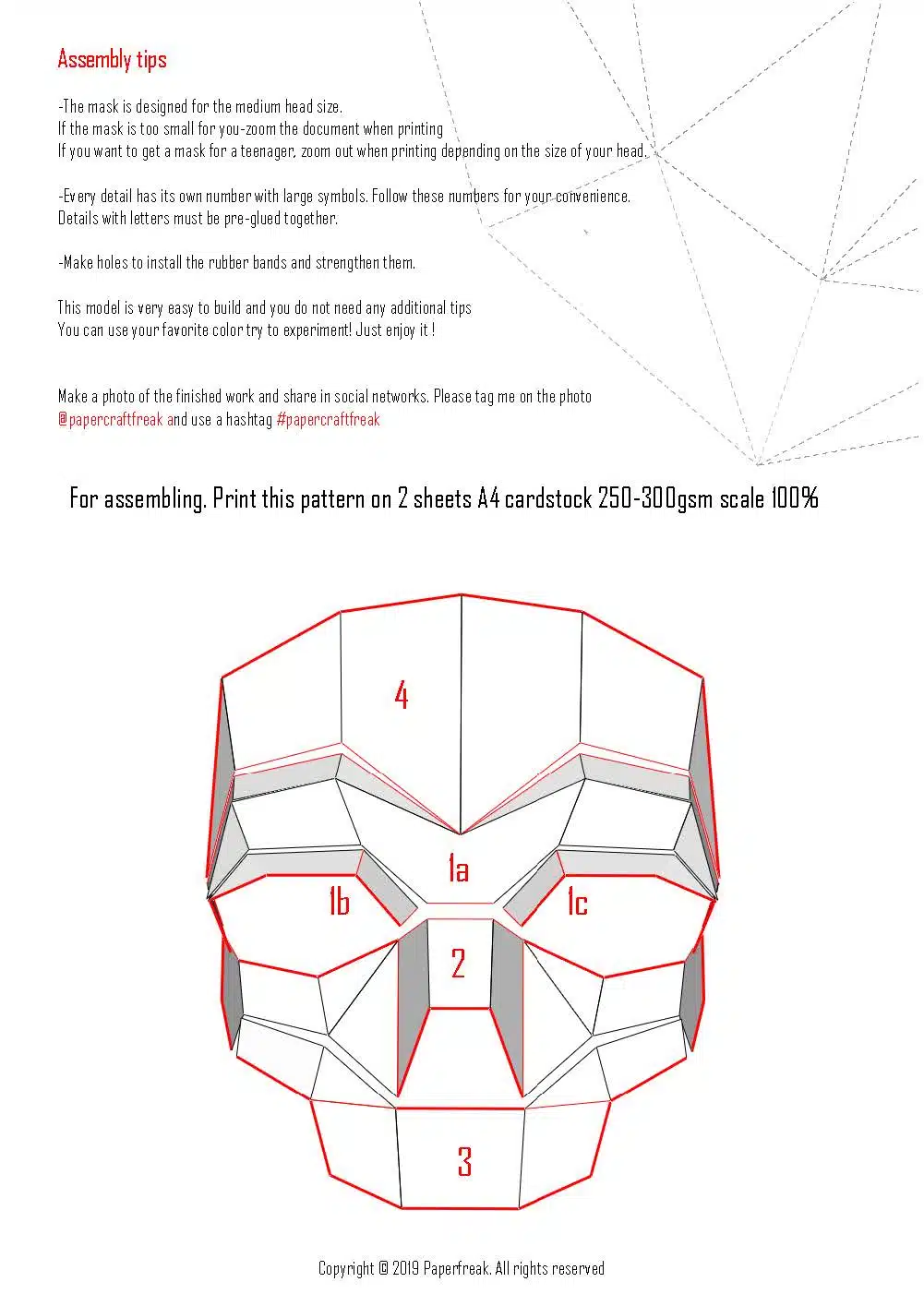 3D-origami schedelmasker, weergave 3