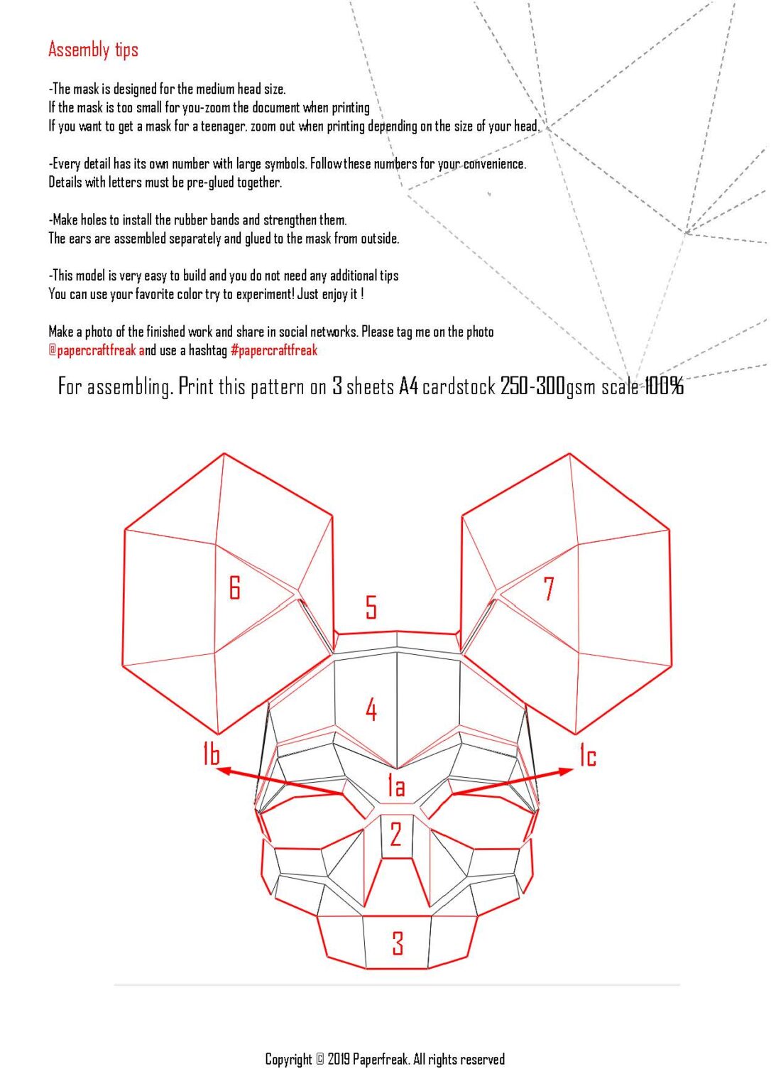 Papercraft mouse skull mask for Halloween in 3D origami