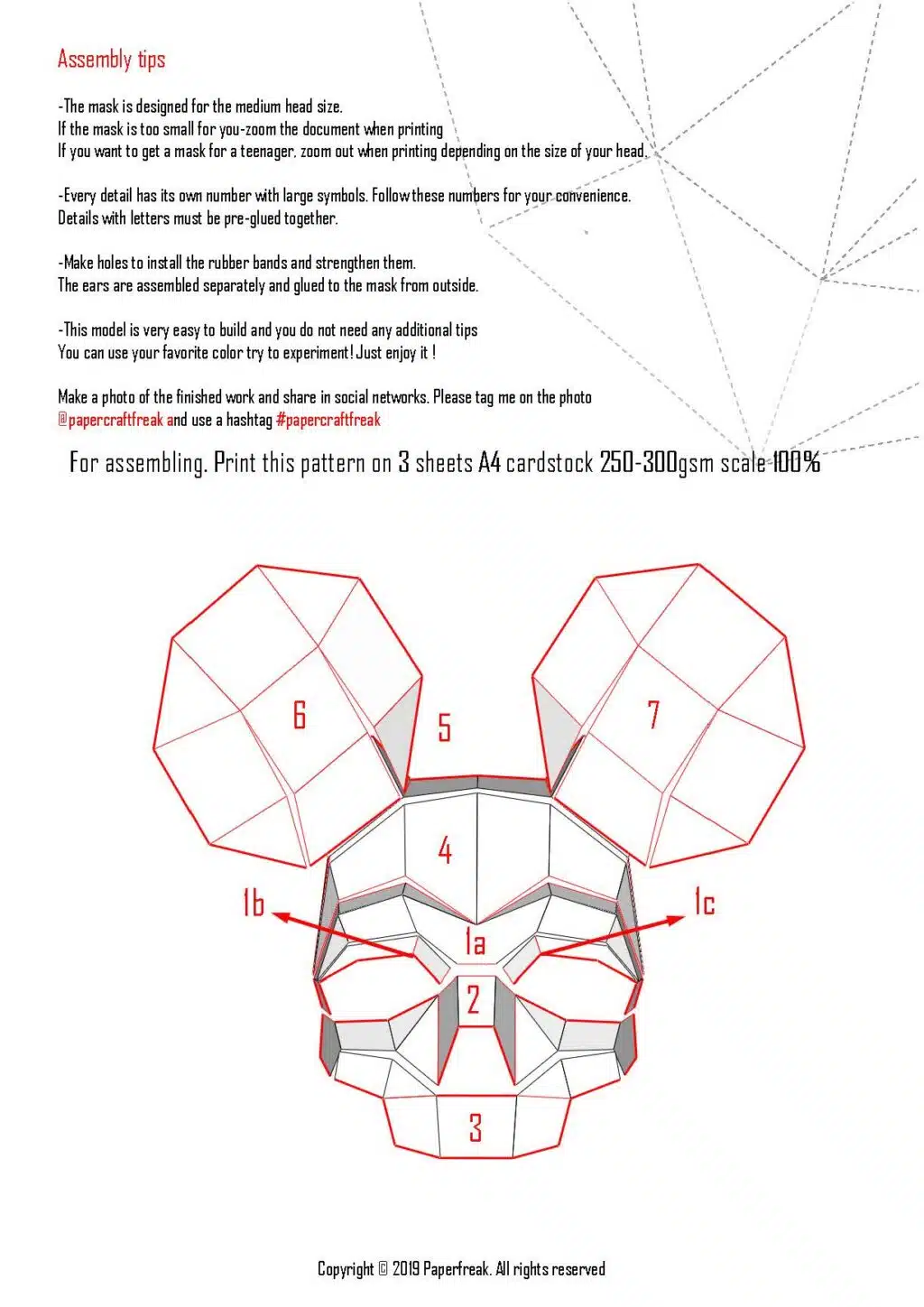 Origami 3D muizen schedelmasker voor Halloween, weergave 3