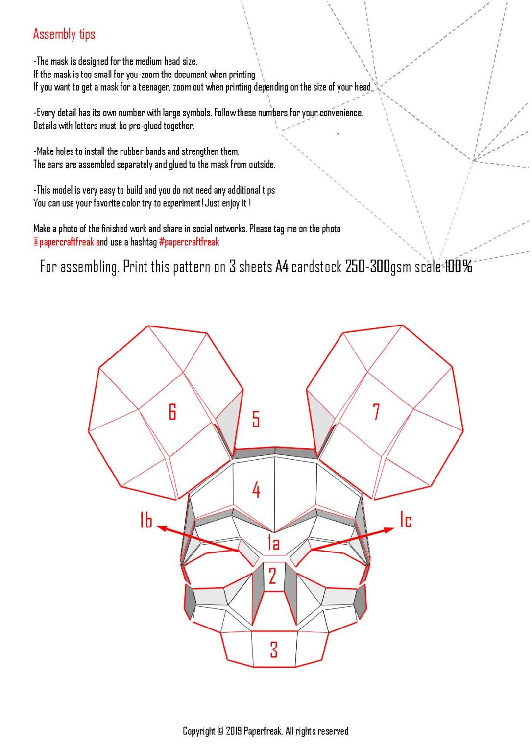 Papercraft mouse skull mask for Halloween in 3D origami