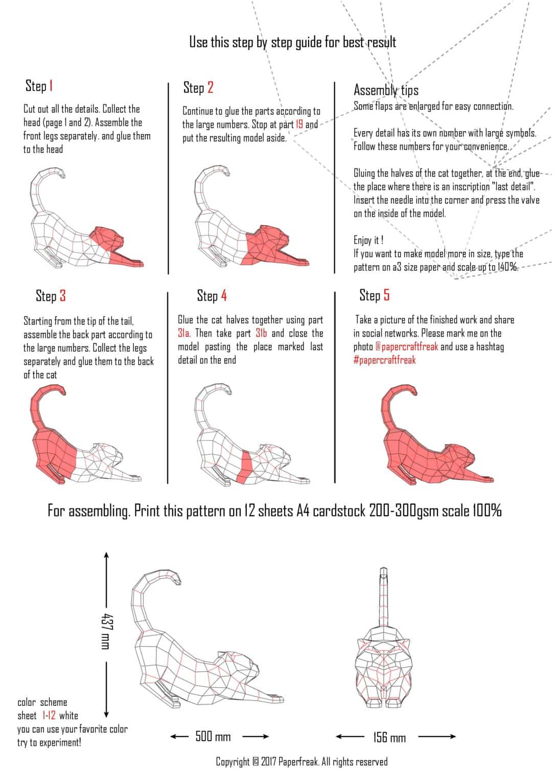 Papercraft of stretching cat in 3D origami