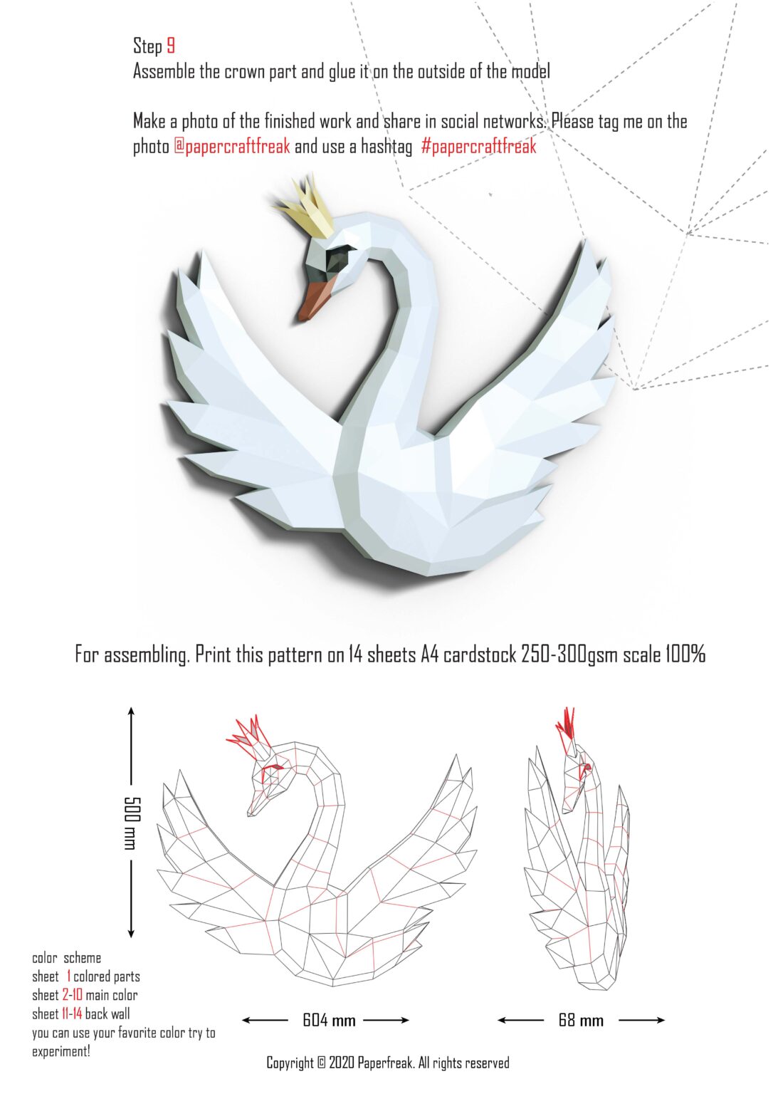 Papercraft de cisne com coroa em origami 3D