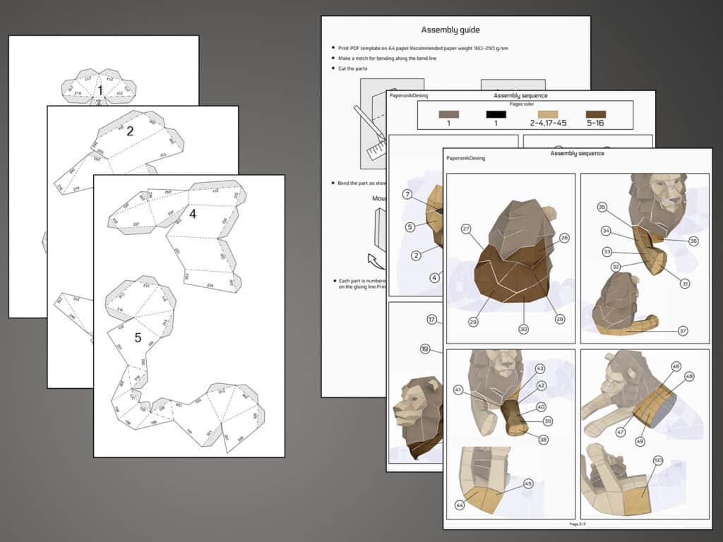 Petit lion allongé en papercraft 3D