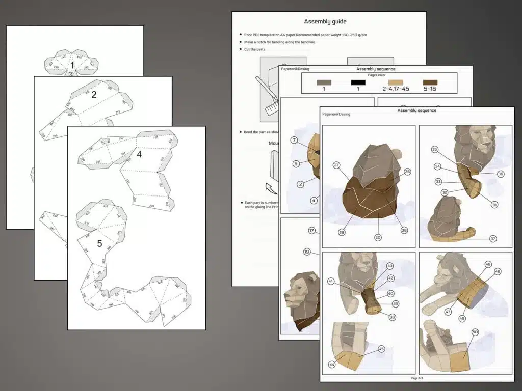 Kleine liggende leeuw in 3D-papercraft, weergave 3