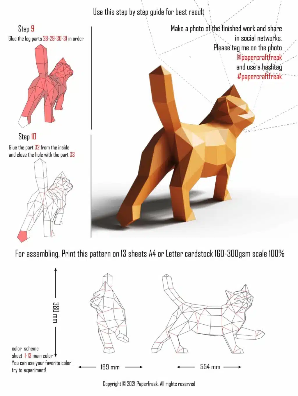 3D origami lopende kat in papier, weergave 3