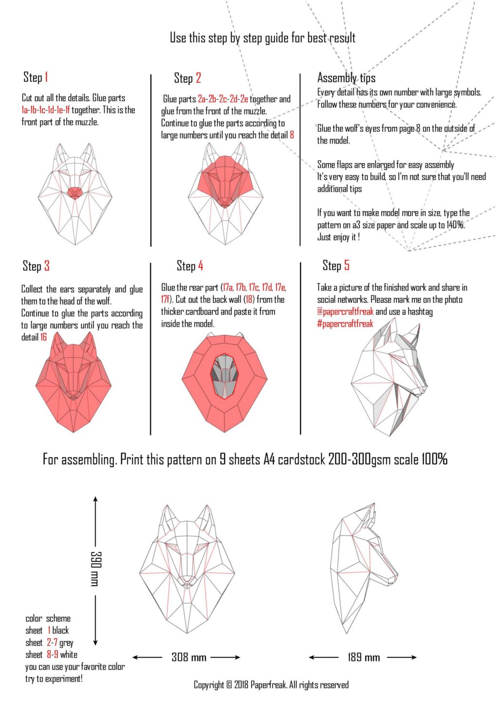 3D Origami Wolf Head Papercraft