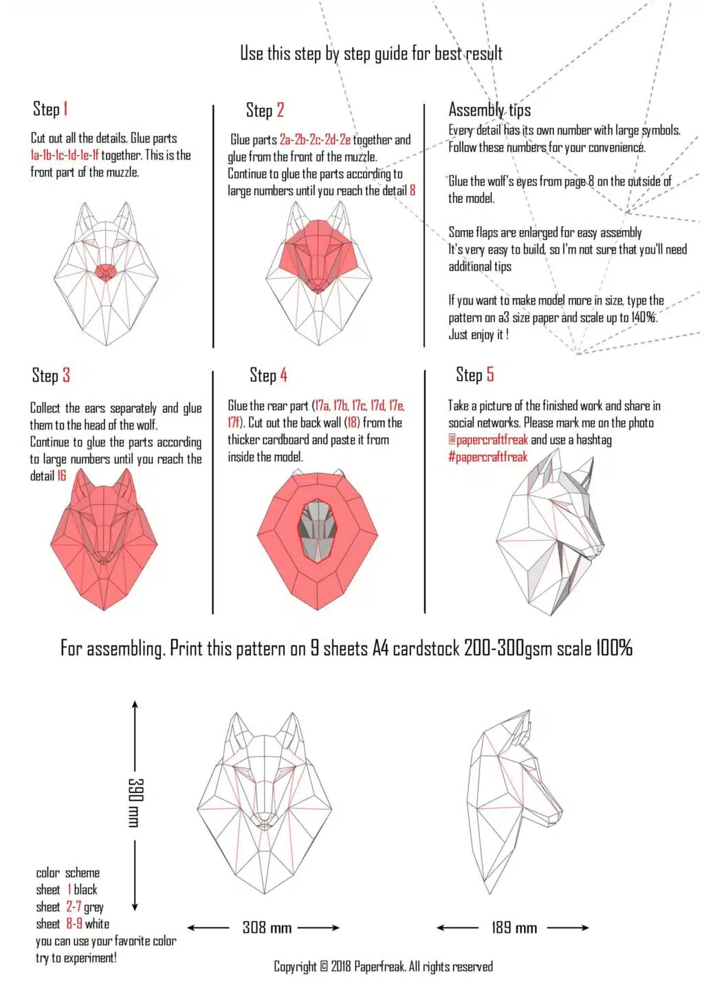 Papercraft tête de loup grise en origami 3D