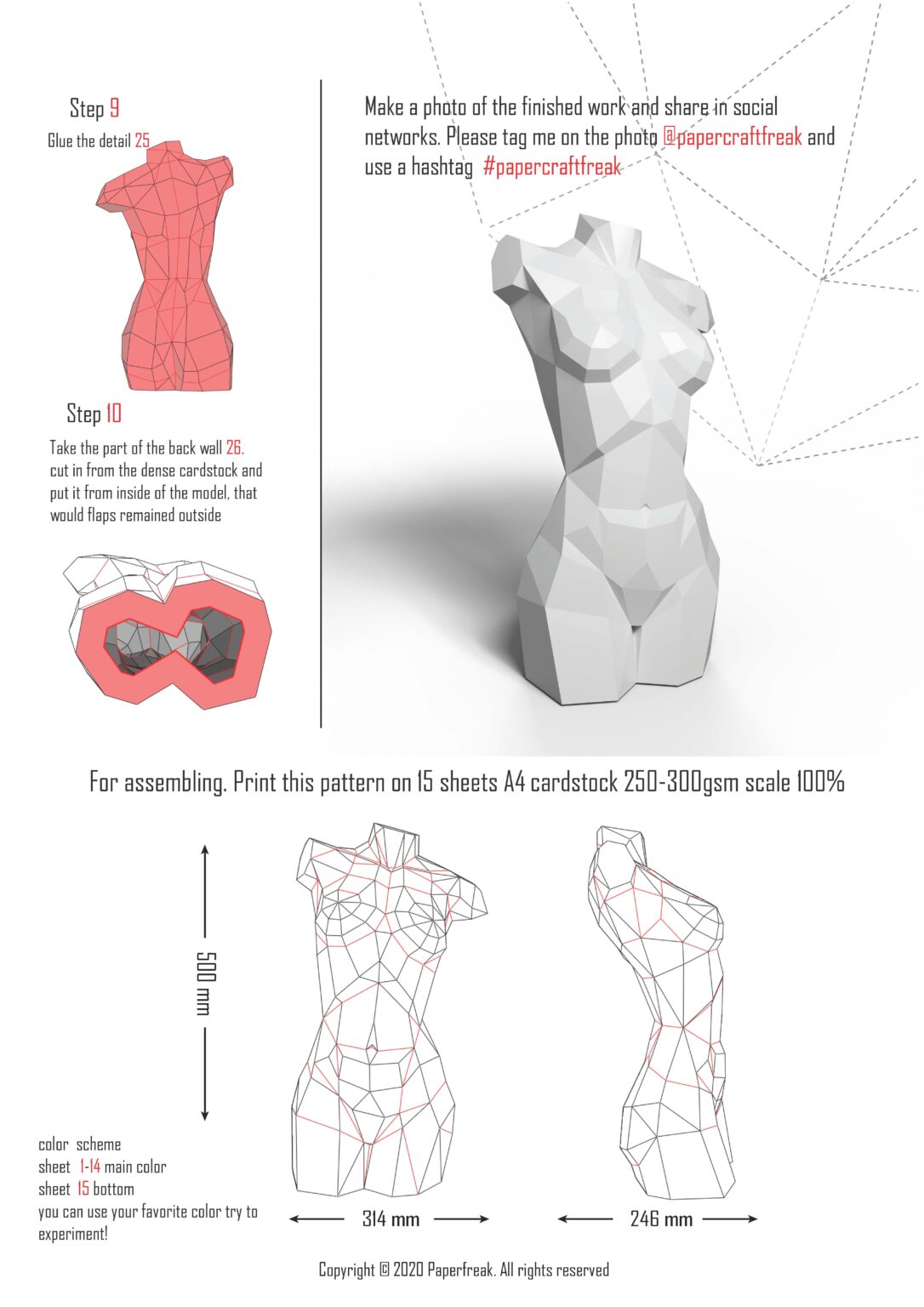 Papercraft bust of a woman in 3D origami