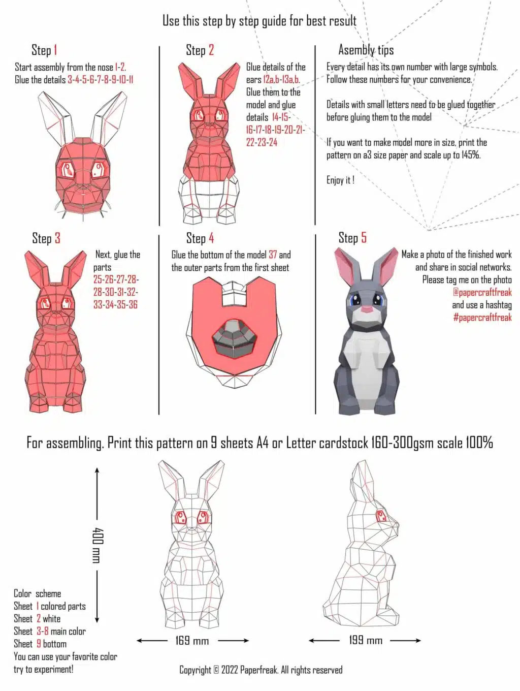 Schattig kawaii konijn papercraft origami 3D, weergave 3