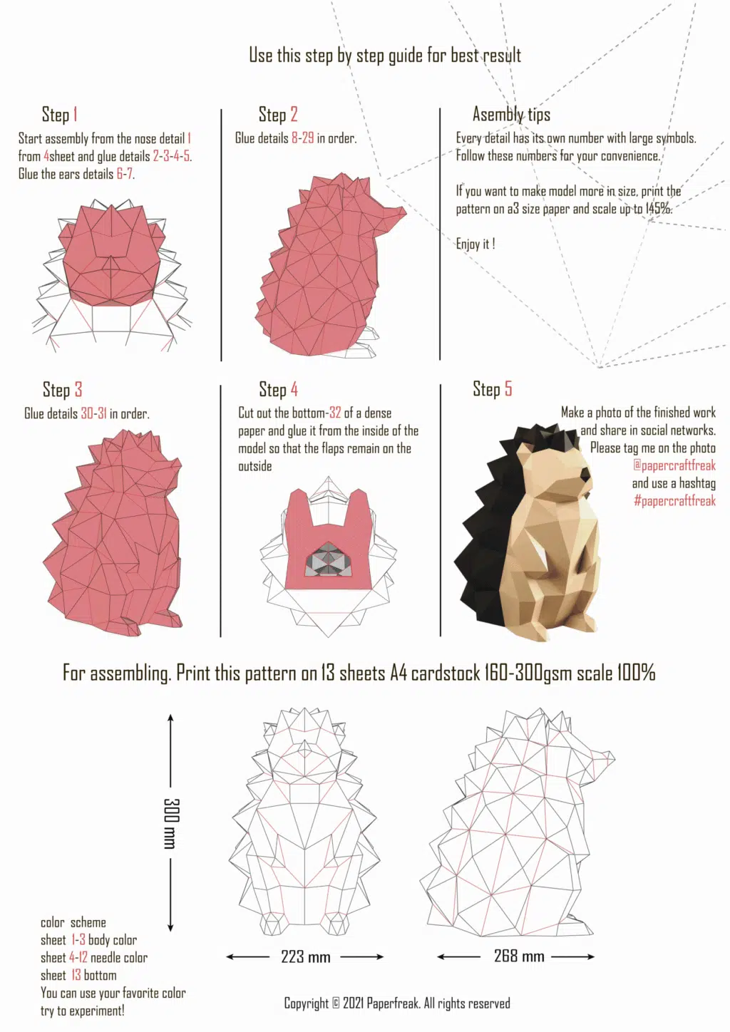 Bruine egel papercraft 3D origami, weergave 3
