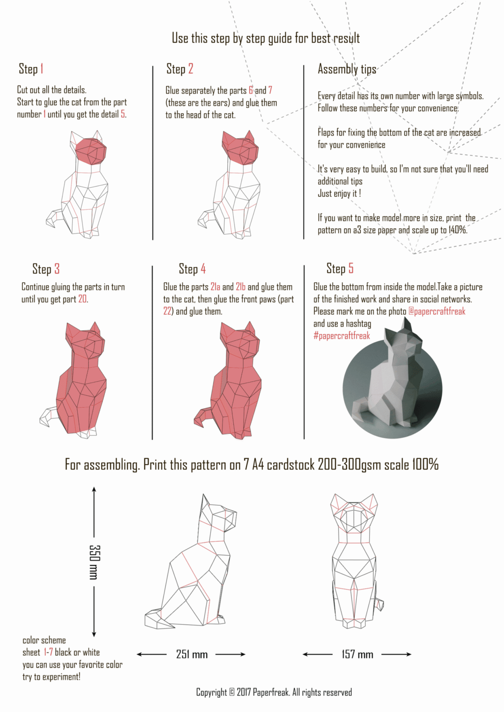 Papercraft de chat assis en origami 3D