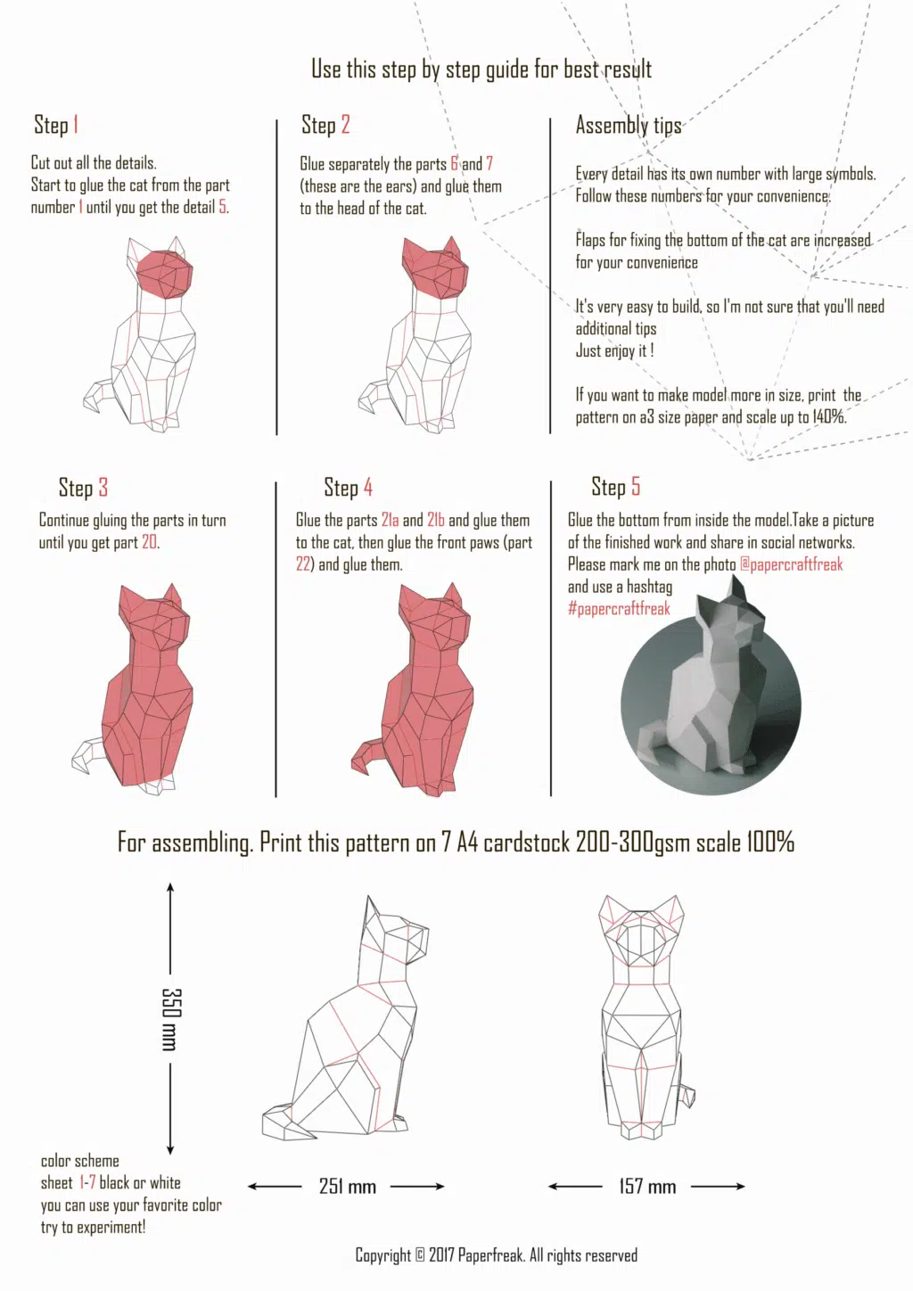 Zittende kat in 3D-origami papercraft, weergave 3