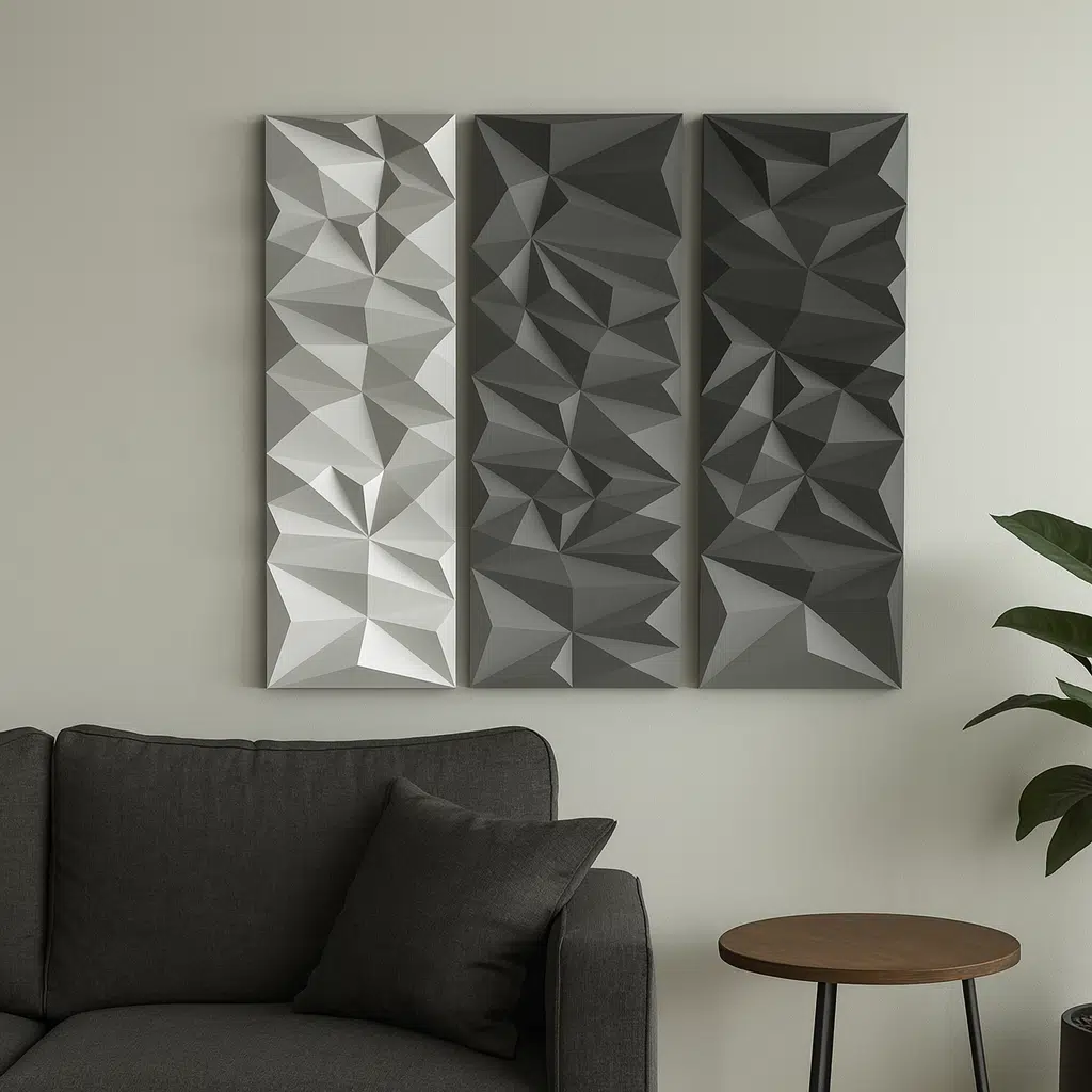 Graues geometrisches Triptychon-Wandpanel aus 3D-Papercraft